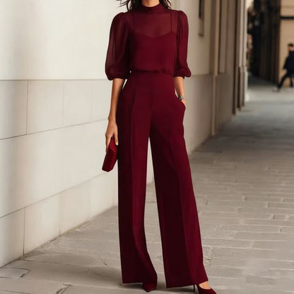 3/4-Sleeve Sheer Mock Neck Blouse & High-Waisted Wide Leg Pants Set
