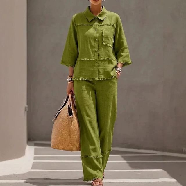 Collared Frayed Button-Up Blouse & High-Waisted Wide Leg Pants Set