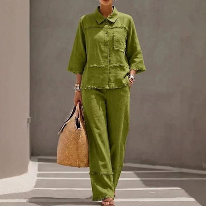 Collared Frayed Button-Up Blouse & High-Waisted Wide Leg Pants Set