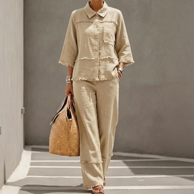 Collared Frayed Button-Up Blouse & High-Waisted Wide Leg Pants Set
