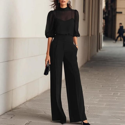 3/4-Sleeve Sheer Mock Neck Blouse & High-Waisted Wide Leg Pants Set