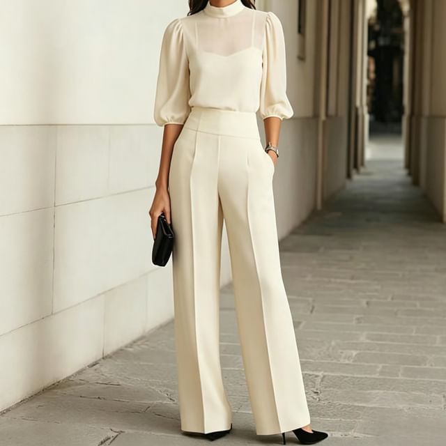 3/4-Sleeve Sheer Mock Neck Blouse & High-Waisted Wide Leg Pants Set
