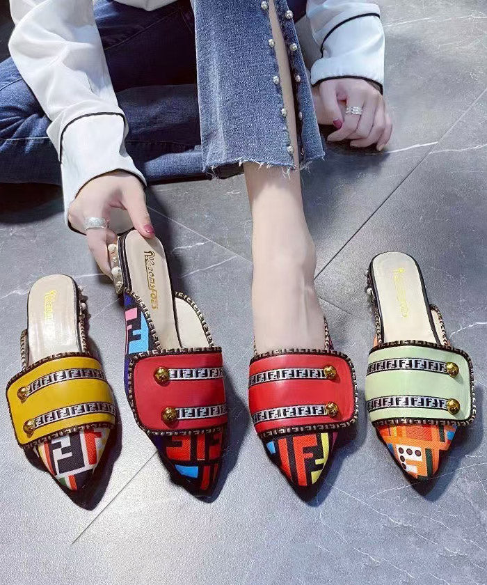 Sandals Toe Pointed Splicing Unique Slide Leather Yellow Faux