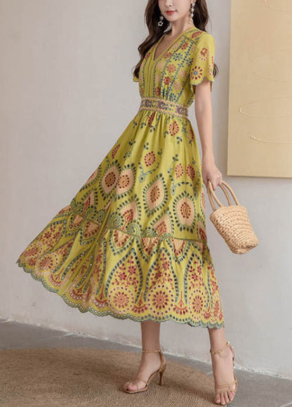 Dress Hollow High V Neck Long Yellow Out Waist Summer Cotton