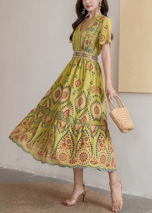 Dress Hollow High V Neck Long Yellow Out Waist Summer Cotton