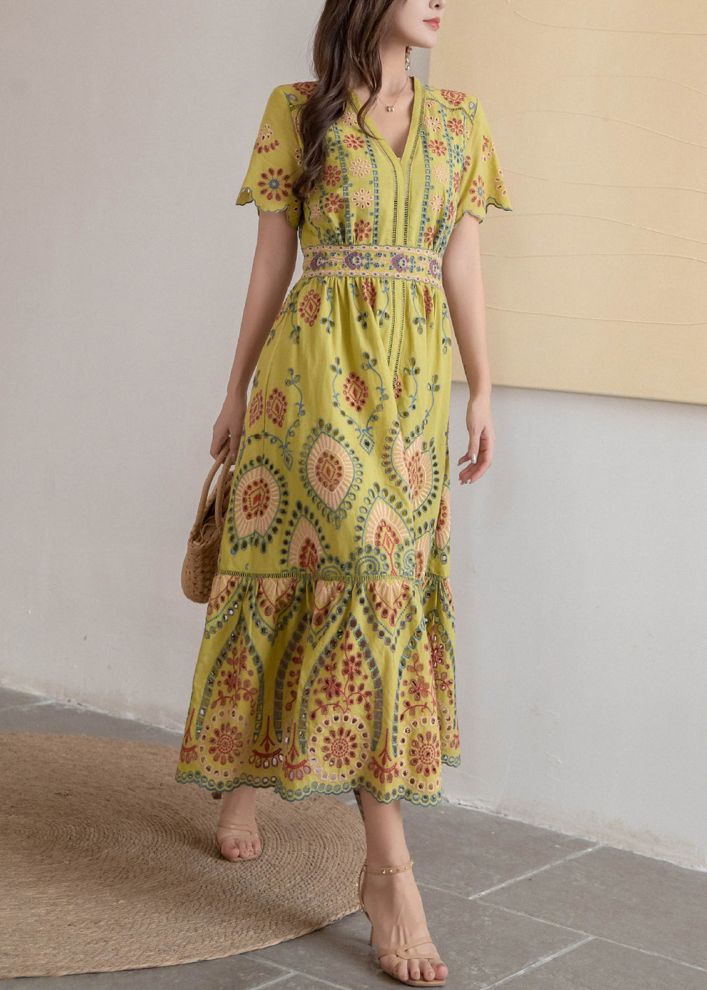 Dress Hollow High V Neck Long Yellow Out Waist Summer Cotton