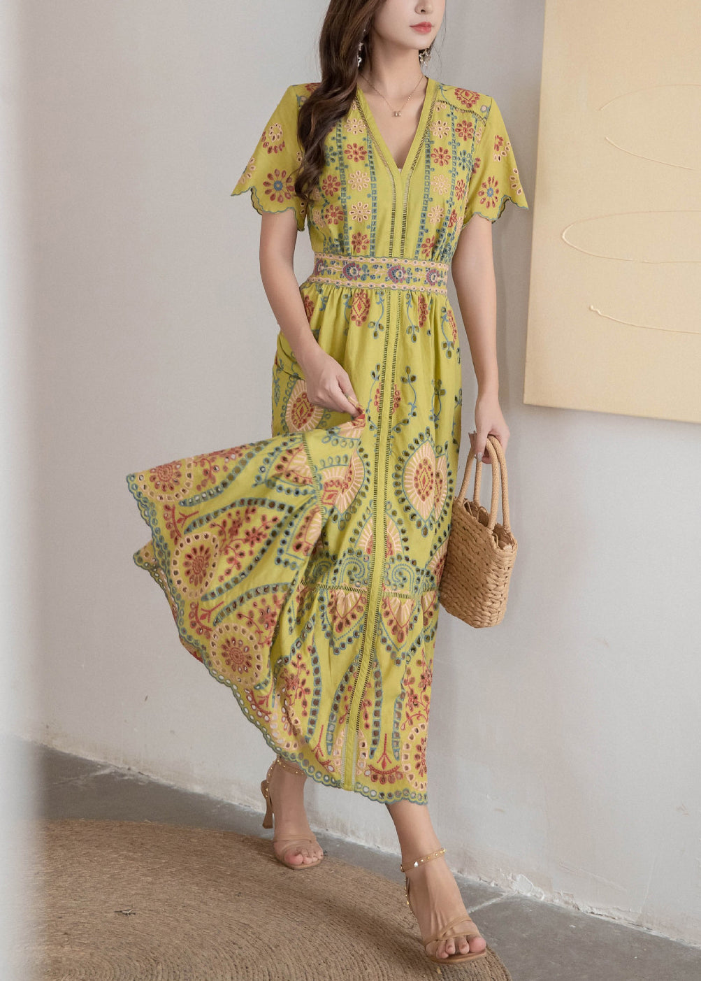 Dress Hollow High V Neck Long Yellow Out Waist Summer Cotton