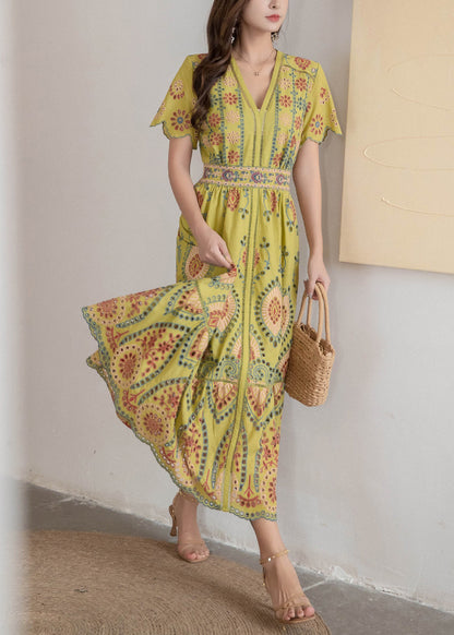 Dress Hollow High V Neck Long Yellow Out Waist Summer Cotton