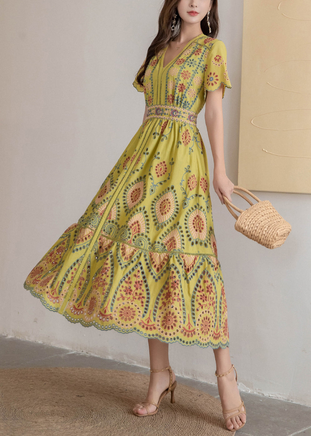 Dress Hollow High V Neck Long Yellow Out Waist Summer Cotton