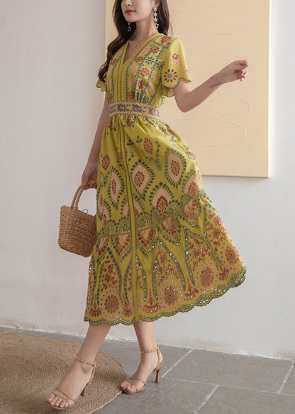 Dress Hollow High V Neck Long Yellow Out Waist Summer Cotton