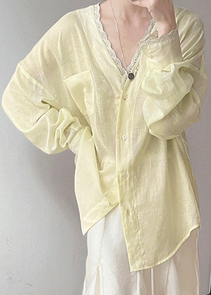 Lace V Blouse Neck Cotton Summer Pockets Silk Yellow