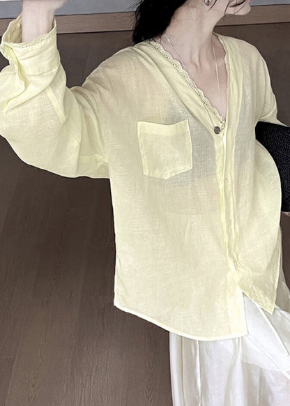 Lace V Blouse Neck Cotton Summer Pockets Silk Yellow