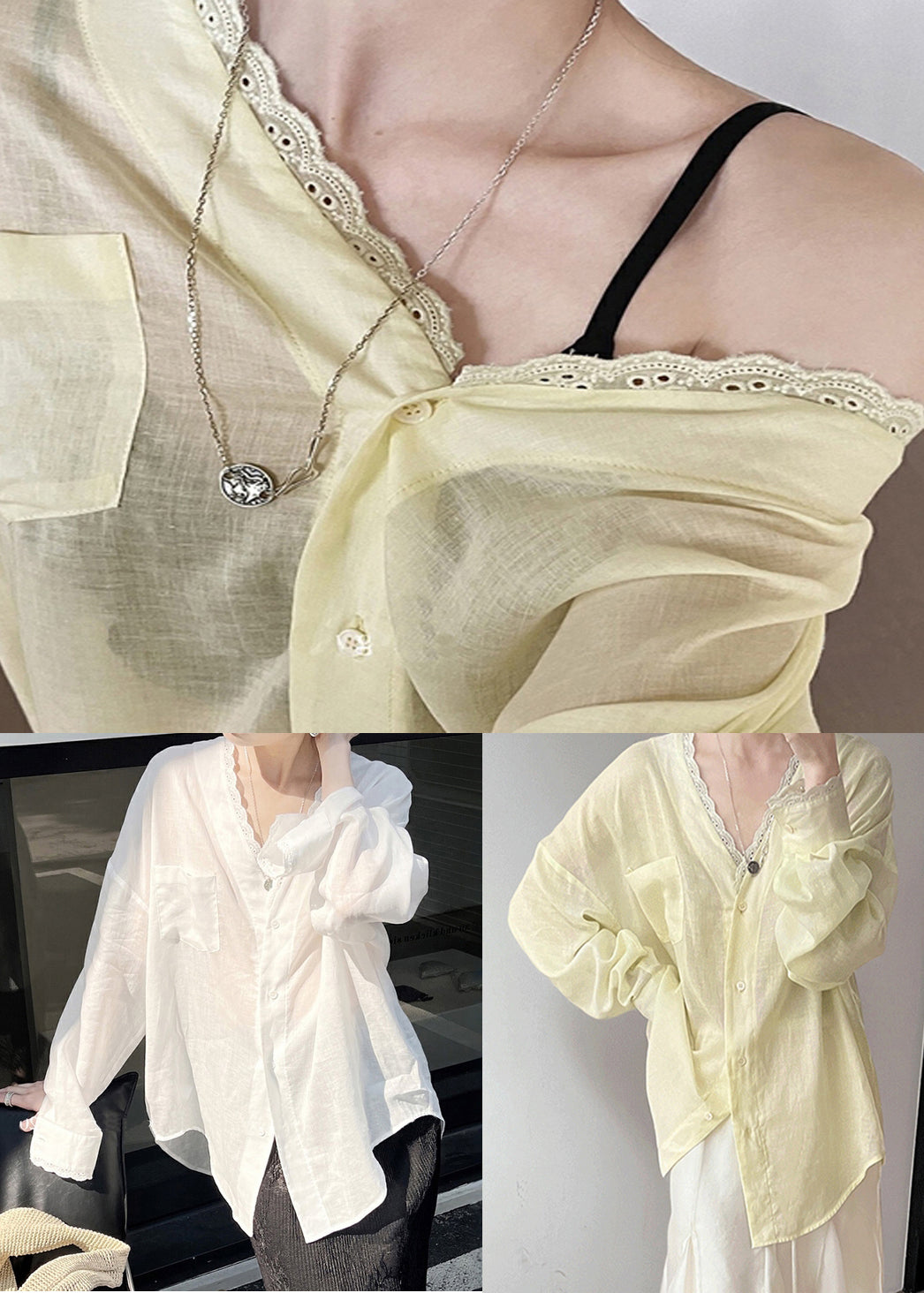 Lace V Blouse Neck Cotton Summer Pockets Silk Yellow