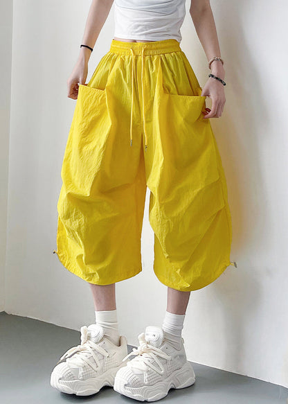 Elastic Waist Oversized Yellow Lace Summer Up Crop Pants Cotton