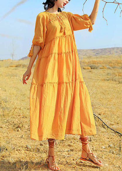 Summer Cotton Up Dress Lace Yellow Solid Ruffled Long