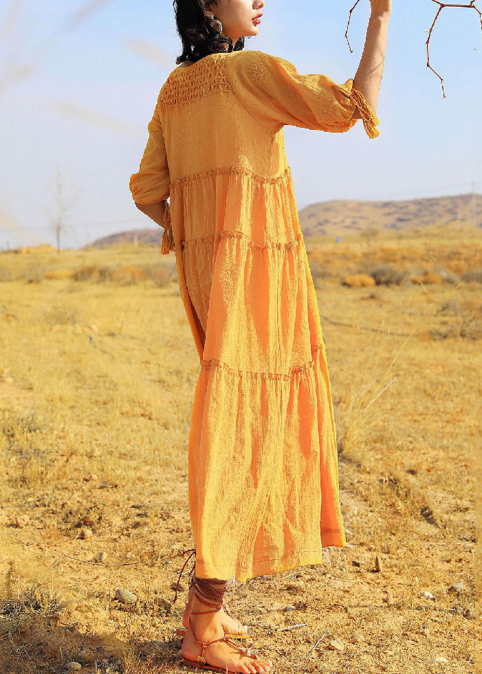 Summer Cotton Up Dress Lace Yellow Solid Ruffled Long