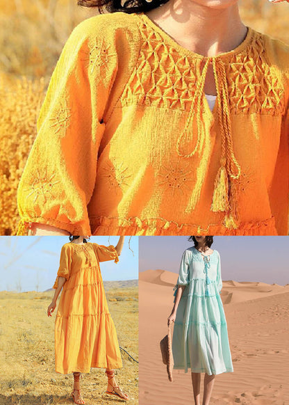 Summer Cotton Up Dress Lace Yellow Solid Ruffled Long