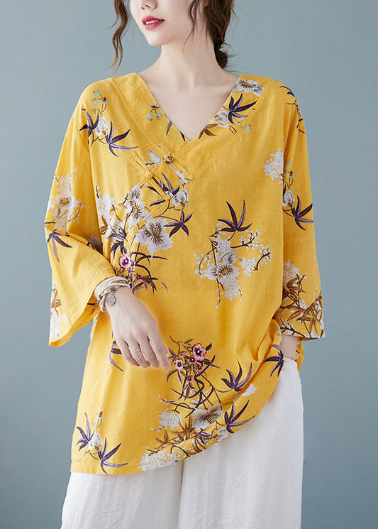 Yellow Print Cotton Shirts V Neck Chinese Button Summer FF027