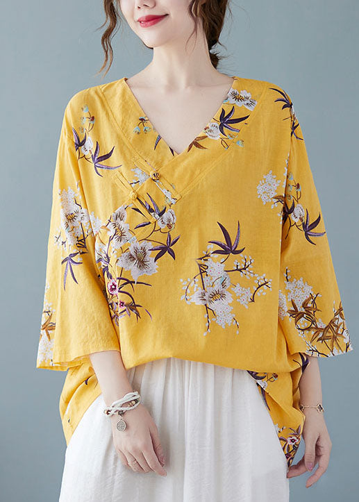 Yellow Print Cotton Shirts V Neck Chinese Button Summer FF027