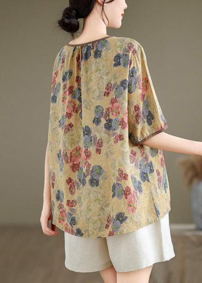 Yellow Print Loose Linen T Shirts O Neck Short Sleeve JH045