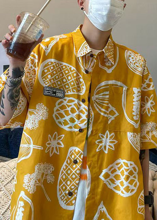 Half Pockets Pan Collar Cotton Print Peter Yellow Men Shirts
