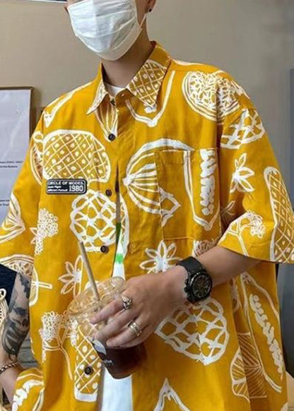 Half Pockets Pan Collar Cotton Print Peter Yellow Men Shirts
