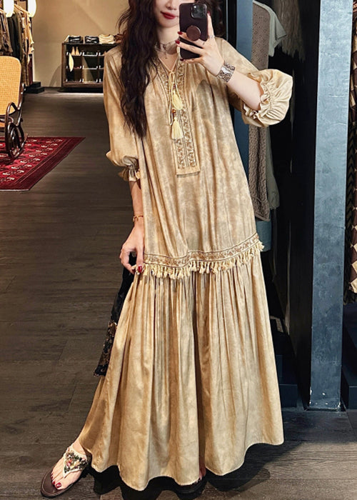 Dress Sleeve Long Yellow Silk V Tasseled Neck Half Print