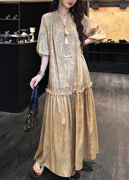 Dress Sleeve Long Yellow Silk V Tasseled Neck Half Print