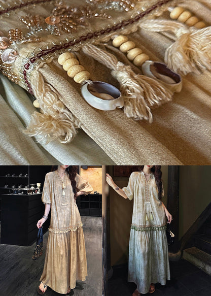 Dress Sleeve Long Yellow Silk V Tasseled Neck Half Print