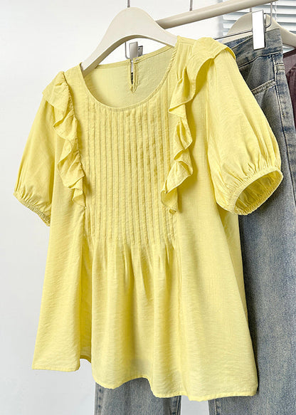 Button Shirts Solid Cotton Neck Yellow O Ruffled