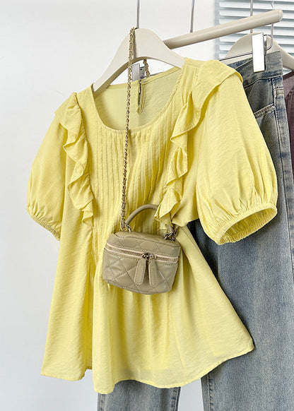 Button Shirts Solid Cotton Neck Yellow O Ruffled