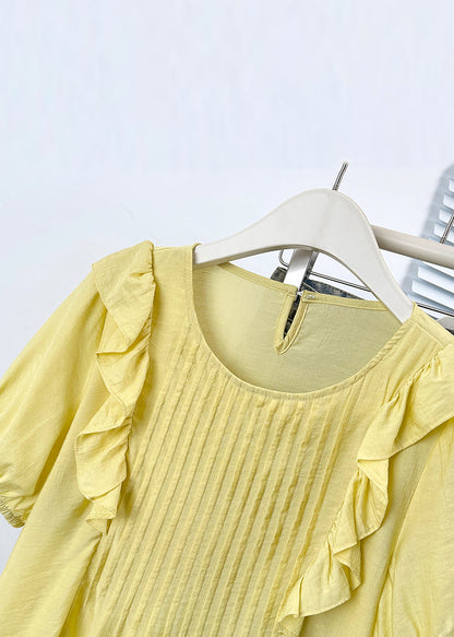 Button Shirts Solid Cotton Neck Yellow O Ruffled