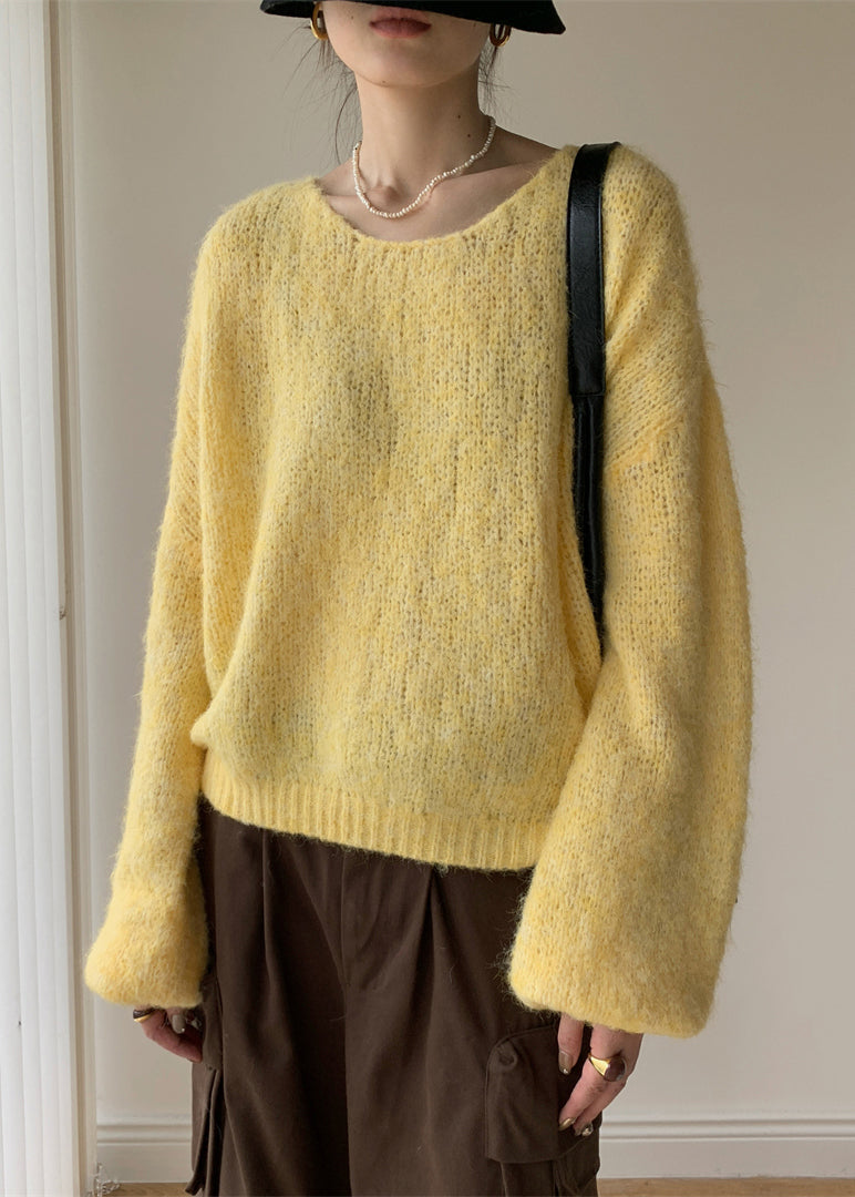 Yellow Solid Cotton Knit Pullover Sweater V Neck Winter WY020