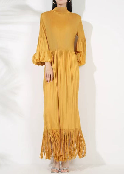 Long Tasseled Dress Turtleneck Petal Sleeve Cotton Yellow