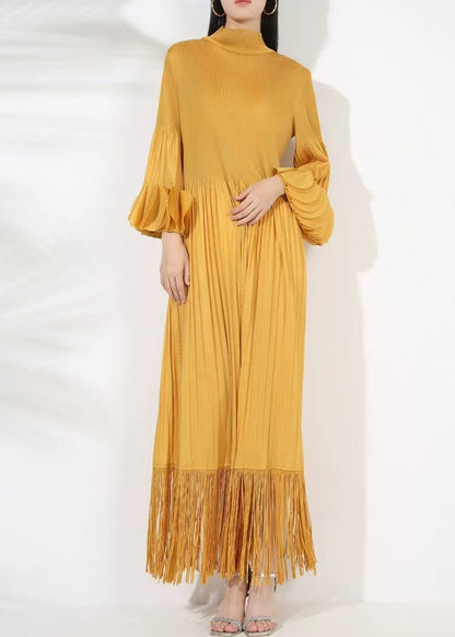 Long Tasseled Dress Turtleneck Petal Sleeve Cotton Yellow