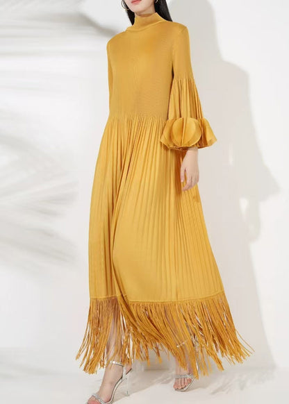 Long Tasseled Dress Turtleneck Petal Sleeve Cotton Yellow