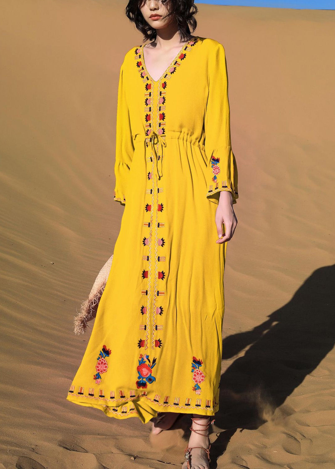 Waist Yellow Fall Dress Embroidered Tie Long Cotton