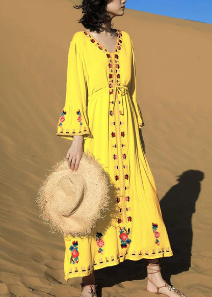 Waist Yellow Fall Dress Embroidered Tie Long Cotton