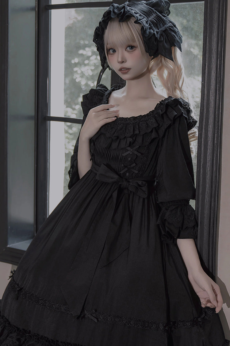 Ebony Short-Sleeve Ruffle Bow Lace-Up Gothic Dress - Good Morning