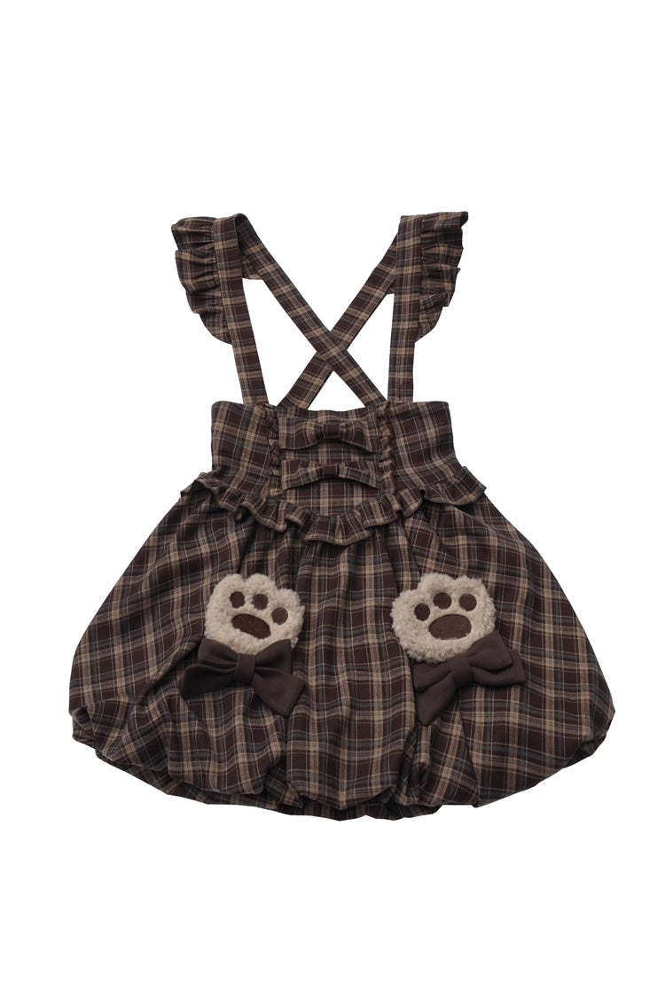 Fluffy Bear Plaid Ruffle Bow Sweet Lolita Strap Dress