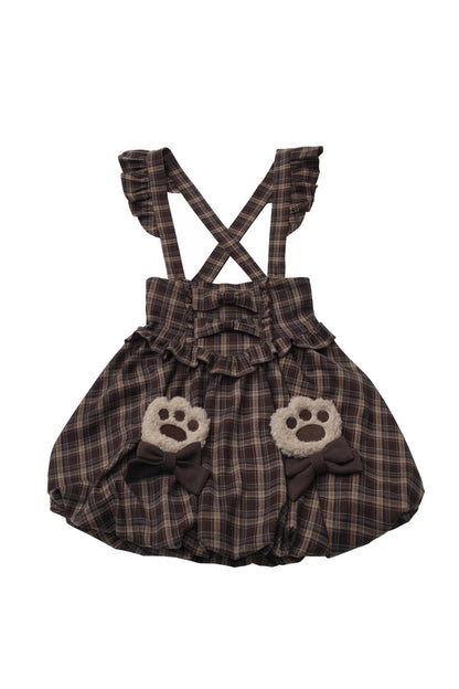 Fluffy Bear Plaid Ruffle Bow Sweet Lolita Strap Dress