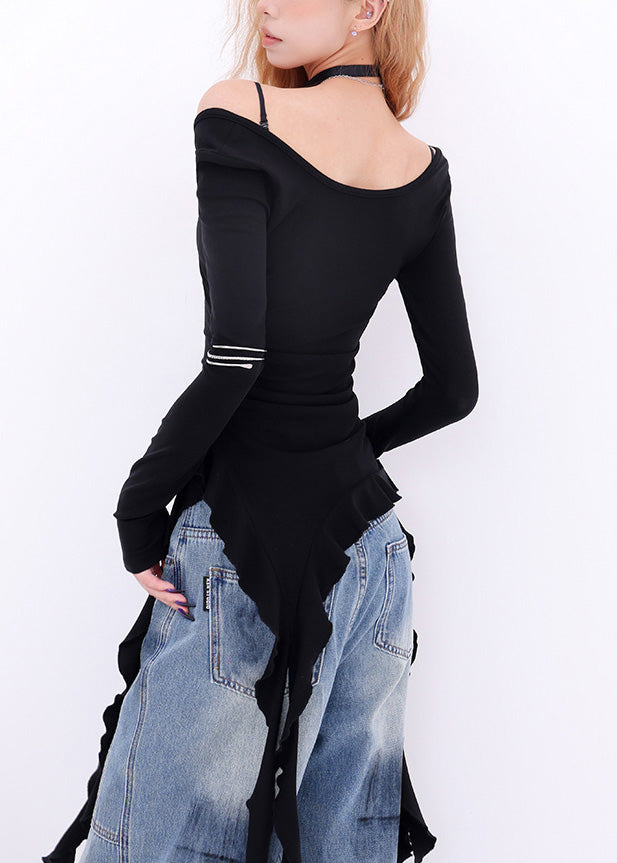 Spring One Black French Shoulder Asymmetrical Cotton Tops