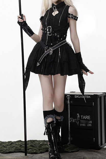 Ebony Stand-Collar Off-Shoulder Embroidered Zip Dress - Hunter