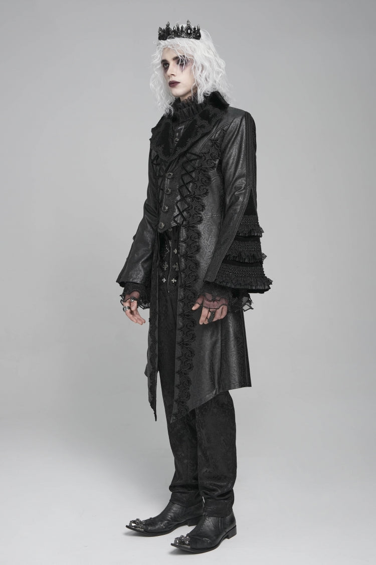 Ebony Flared-Sleeve Floral Crochet Lace-Up Men's Gothic Overcoat