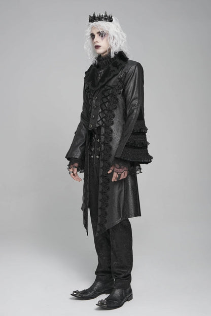 Ebony Flared-Sleeve Floral Crochet Lace-Up Men's Gothic Overcoat