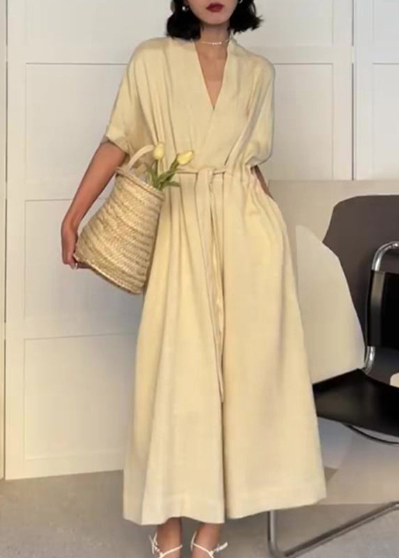 Modern Neck Cotton Beige Pockets V Drawstring Summer Dress