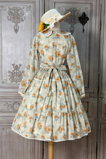 Emerald Long Sleeve Sunflower Ruffle Bow Sweet Lolita Gown