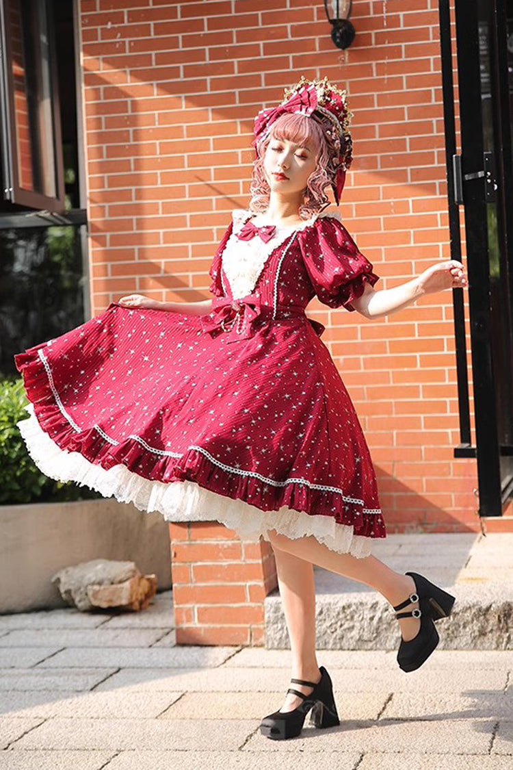 Midsummer Galaxy Star Print Short Sleeve Ruffled Bow Lolita OP Gown