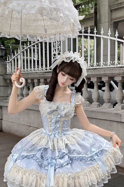 Dreaming Butterfly Jacquard Ruffle Bow Lace Princess JSK