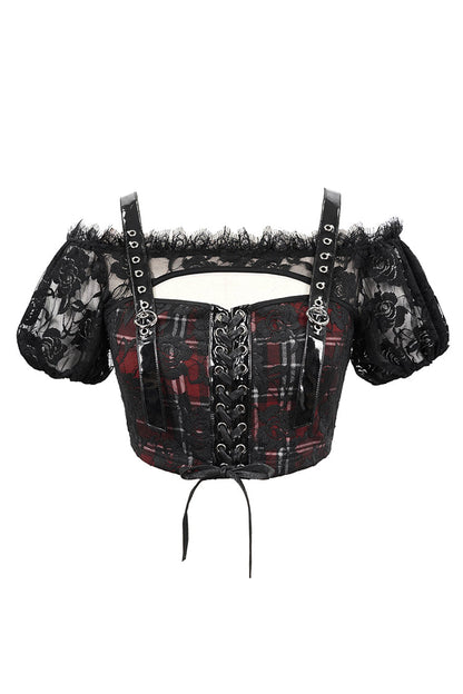 Crimson & Obsidian Scottish Plaid Off Shoulder Bright Leather Straps Lace Up Lace Punk T-Shirt